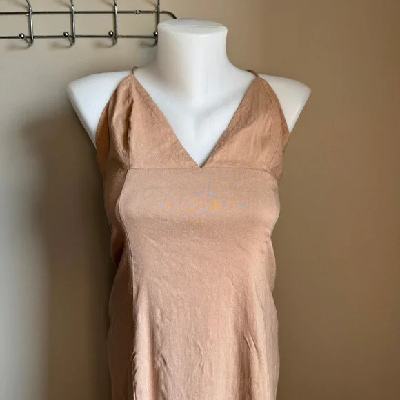 Zara Lattice Tie Back Linen Blend Midi Dress Beige/Tan Medium High Slit Cocktail - Picture 2 of 16